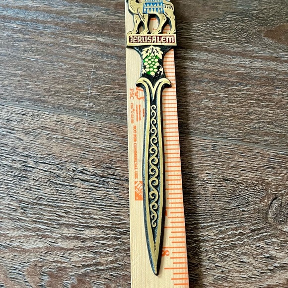 VINTAGE JERUSALEM ISRAEL LETTER OPENER BRASS ENAMEL CAMMEL - Picture 7 of 8